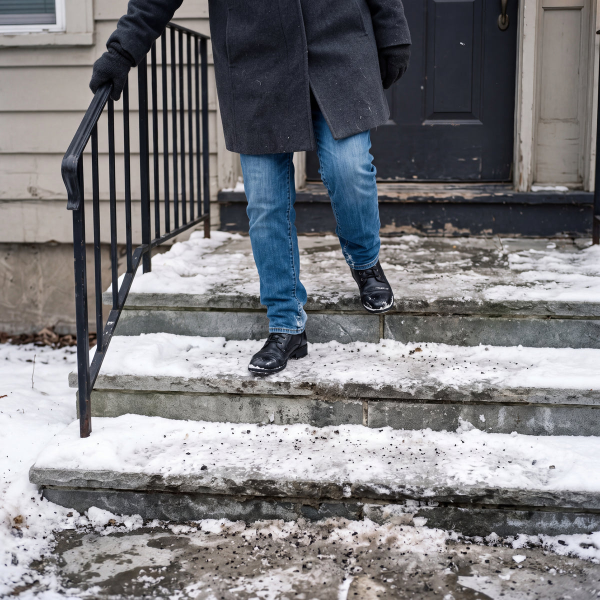 Stepping carefully down snowy front steps in ordinary winter boots